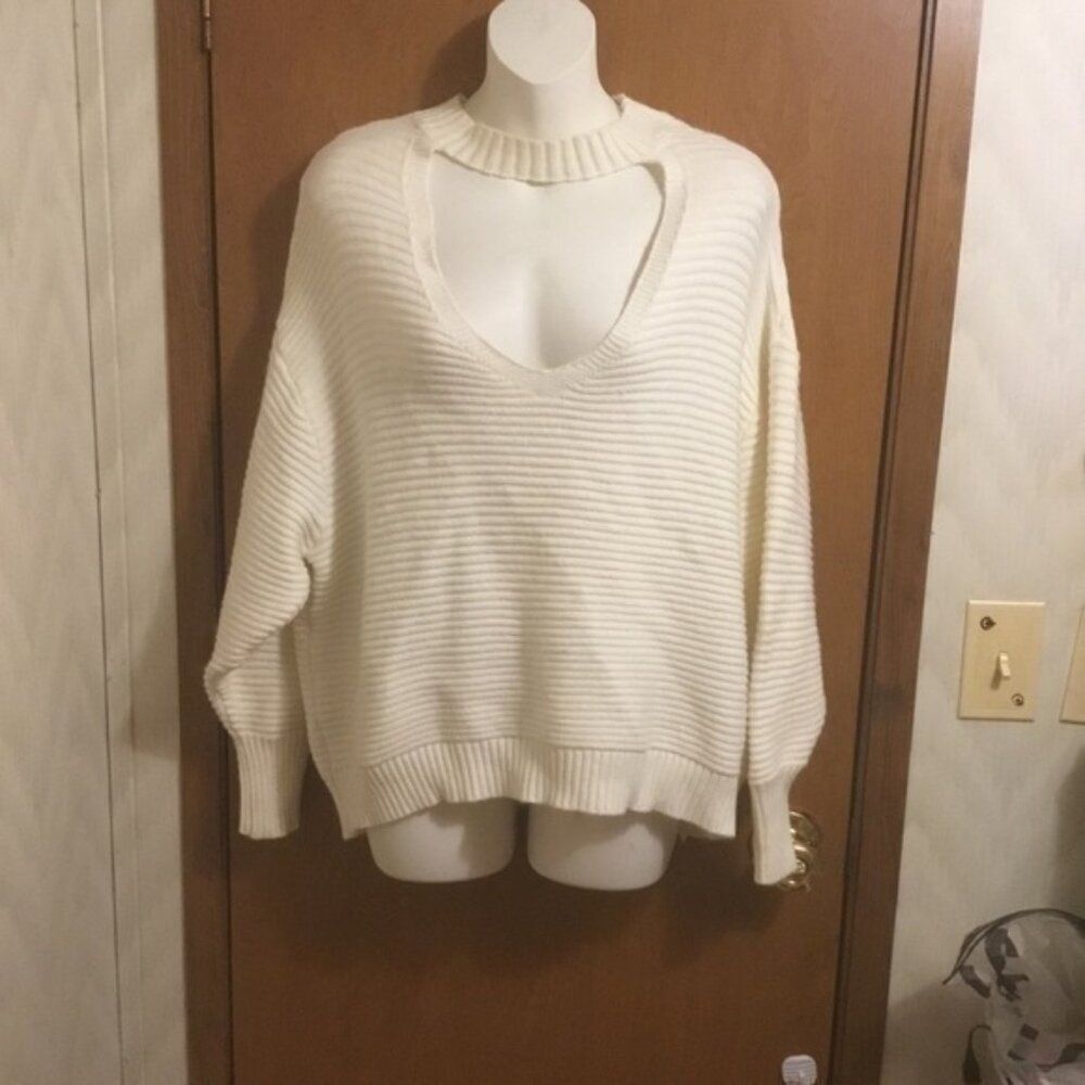 White Ribbed V Neck oversized Keyhole Long Sleeve Lantern Sweater XL